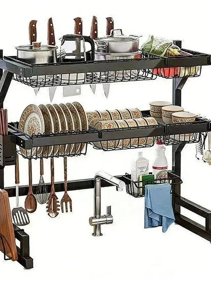 Space-Saving Over Sink Kitchen Dish Drying Rack with Adjustable Shelves and Utensil Holder