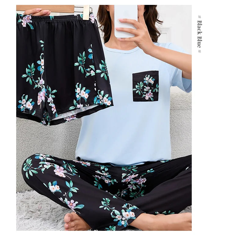 Women's Pajamas Home Suit Soft Comfort Nightwear Loungewear Autumer Crew Neck Tops and Shorts Pajama Pants 3 Piece Pyjama Femme