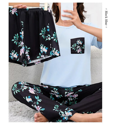 Women's Pajamas Home Suit Soft Comfort Nightwear Loungewear Autumer Crew Neck Tops and Shorts Pajama Pants 3 Piece Pyjama Femme