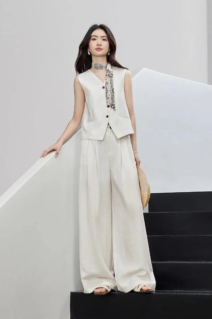 SENTUBILA Office 2 Piece Pant Set 2026 Women Linen Blend Summer Suit V Neck Waistcoat Wide Leg Baggy Pant Print Scarf 162ZA5663Z
