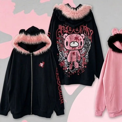 Gothic Kawaii Jirai Kei Women Distressed Gloomy Bear Print Pink Furry Trim Bear Ear Oversized Zip Hoodie Harajuku Casual Outfit
