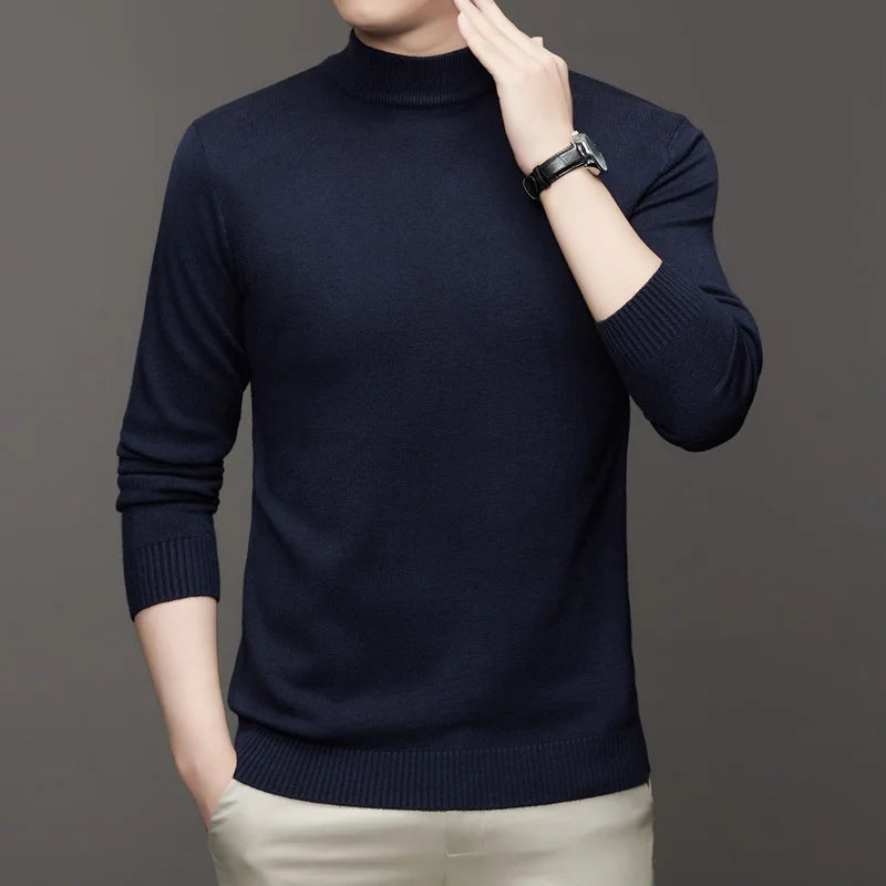 New Sweatwear Men's Half Neck Basic Solid Color Sweaters Round Neck Elastic Pullovers Warm Autumn Knitted Oversized Sweater Men