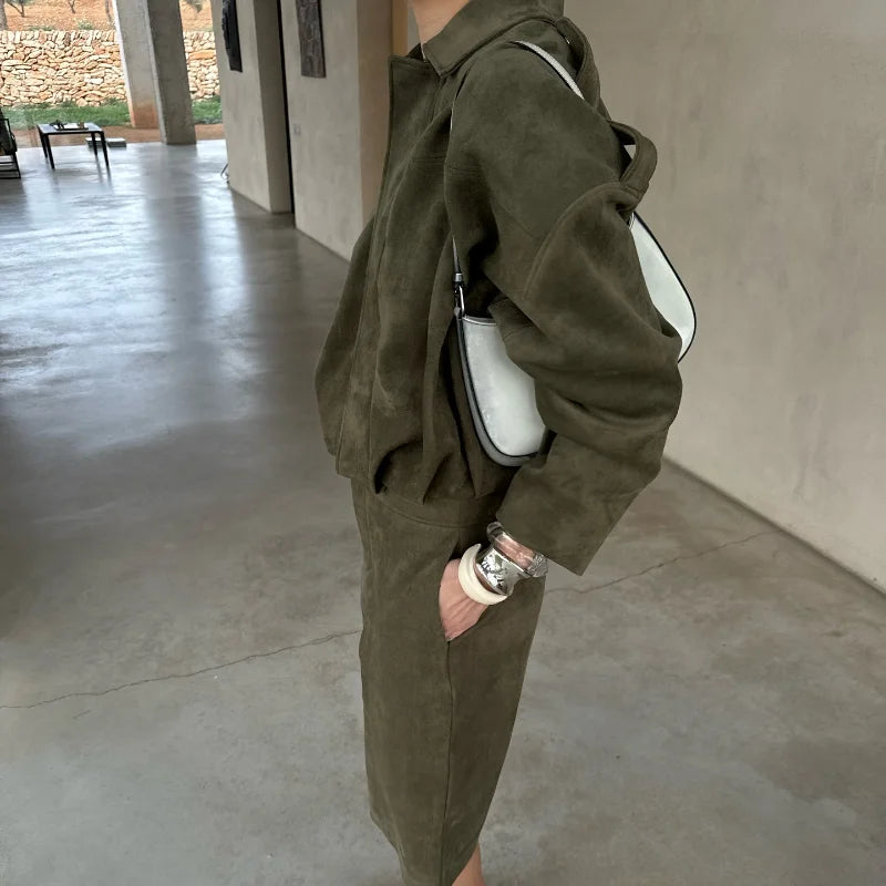 Vintage Suede Green Bomber Jacket Women Loose Lapel Full Sleeve Zipper Commute Coat 2025 Autumn Lady High Street All-match Coats