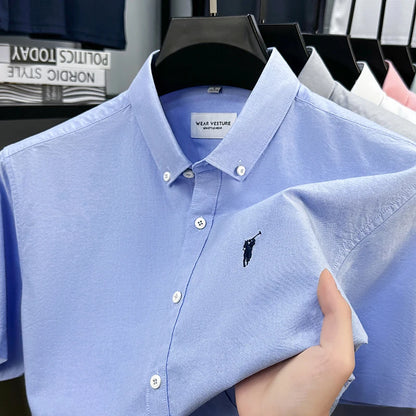 Solid Color Cotton Embroidered Small Horse Logo Shirt, Men's Short Sleeved Casual Versatile High-end Spring and Autumn Shirt