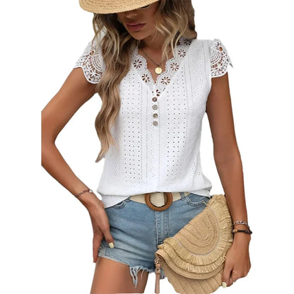 Women's T-Shirt Spring Summer White V Neck Lace Short Sleeve Button Front Eyelet Breathable Fresh Elegant Daily Casual Top