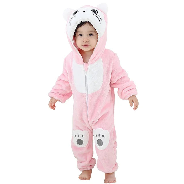 Baby Winter Rompers - Soft Polyester Hooded Jumpsuit With Animal Pattern, Machine Washable