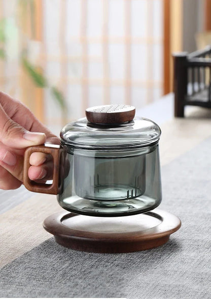 Heat Resistant Glass Tea Infuser Cup - 200ml Teacup with Wood Handle and Filter for Kung Fu Tea Set - ZOOMNSTORE