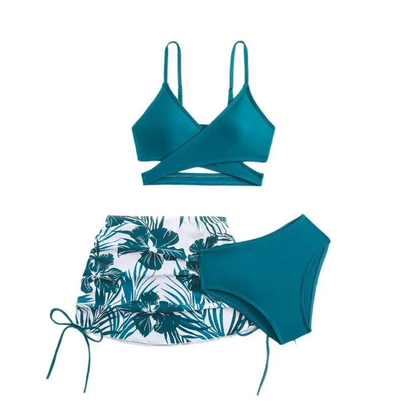 3pcs Swimming Suit for Girls Summer Beach Dress Swimsuit Tie-dye Printed Skirted Bikini Set Kids Bathing Suit