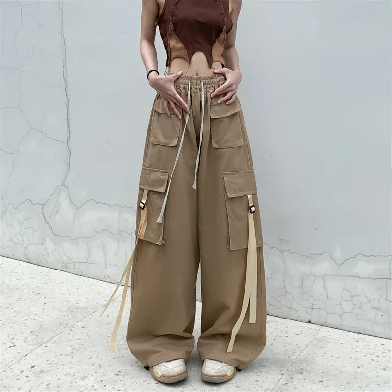 High Quality 2025 Cotton High Street Cargo Pants for Women Men with Ribbon High Waist Wide Leg Hip-hop Cool Dances Pants Ladies