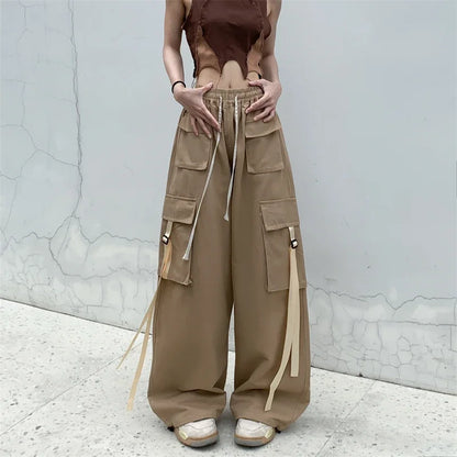 High Quality 2025 Cotton High Street Cargo Pants for Women Men with Ribbon High Waist Wide Leg Hip-hop Cool Dances Pants Ladies