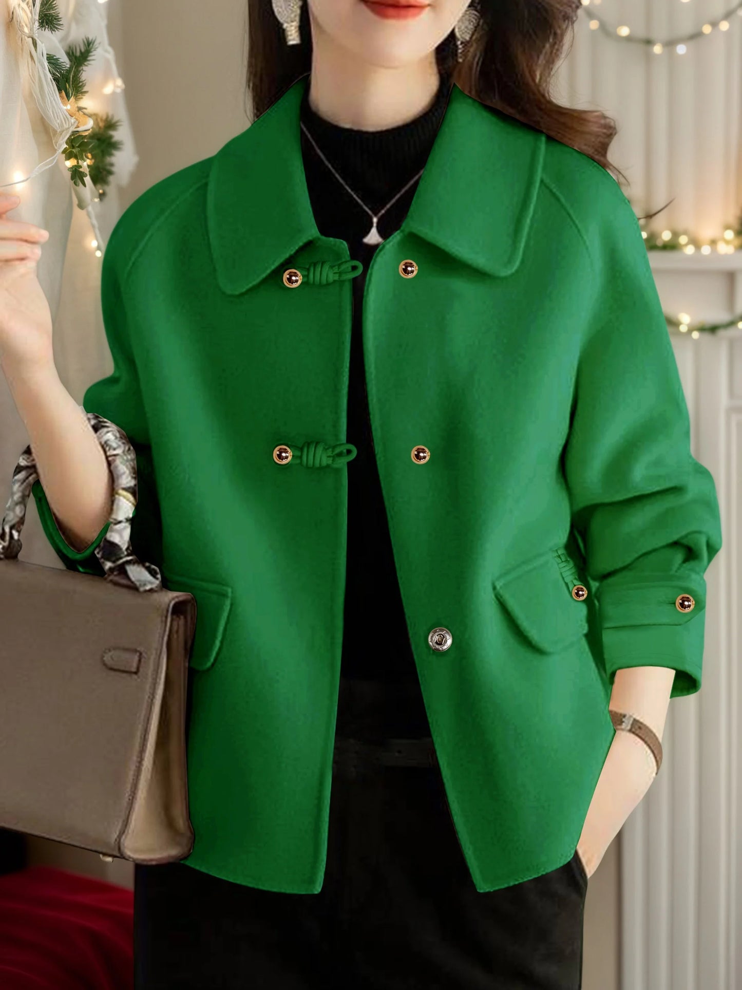 Short Coats Women – Elegant Double Breasted Formal Office Coat With Turn-Down Collar