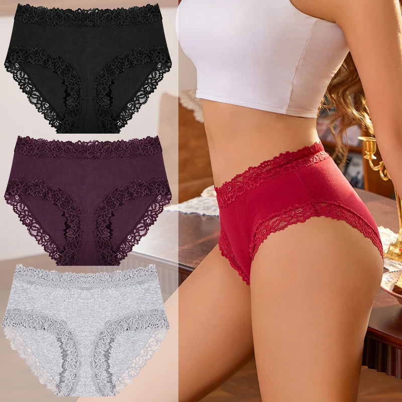 3PCS/Set Women Cotton Panties Lace Low Waist Briefs Trendy Patchwork Lace Intimate Underwear Stretch Comfortable Ladies Lingerie