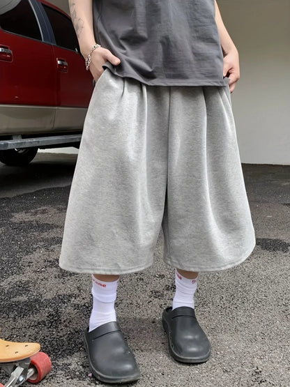 Men's Loose Street Style 7/8 Length Shorts Summer Casual Sports Elastic Waistband Pleated Hem Strong Draped Look