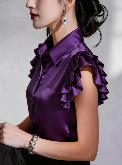 Elegant Satin Button Down Shirt for Women Ruffle Sleeve Collared Office Work Blouse