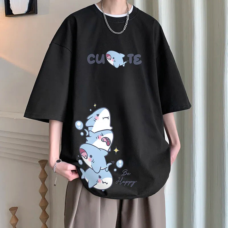 Men's Cotton T-shirts White Men Oversized T Shirt Anime Shark Print Summer Casual Wear 5XL Tee Shirts Big Size Male Clothes