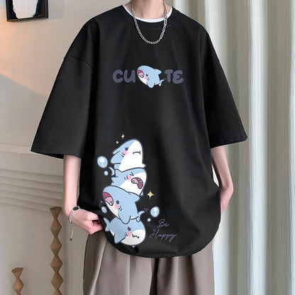 Men's Cotton T-shirts White Men Oversized T Shirt Anime Shark Print Summer Casual Wear 5XL Tee Shirts Big Size Male Clothes
