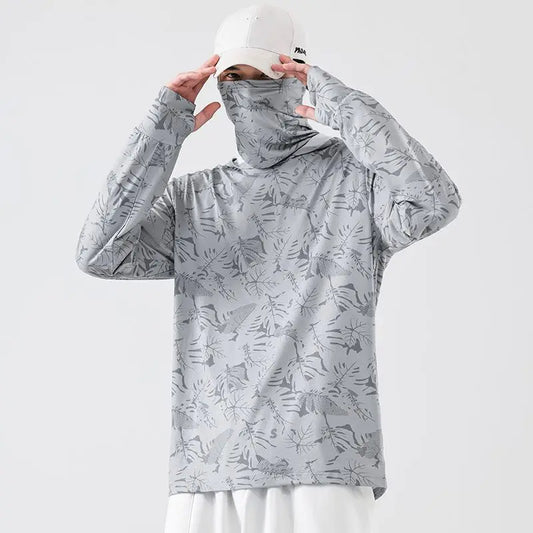 Sun Protection T-Shirts Mens Long Sleeve UV-Proof T-Shirts Fishing Hiking Summer Mask Lightweight Outdoor Protection Hoodie Tee