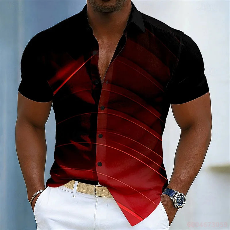 Men's color-blocked abstract striped short-sleeved shirt, summer fashion casual men's shirt, Hawaiian shirt, sizes XS-6XL.