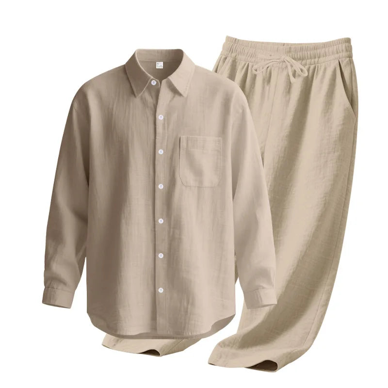 Men's Autumn Loose Trend Linen Solid Color Simple Lapel Long-Sleeved Shirt Beach Trousers Set