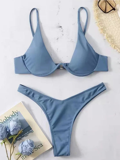 2026 Summer New Two Piece Women's Solid Color Sexy Bareback Bikini Split Swimsuit Bikini Set High Waist Beach Vacation
