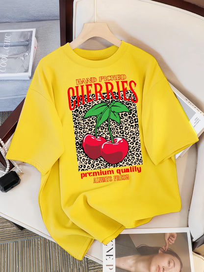Hand Picked Cherries Always Fresh Printing T-Shirt Women Cotton Crewneck T Shirts Summer Loose Clothes Multicolor Short Sleeve