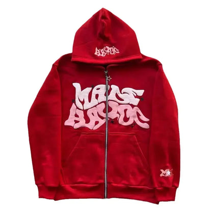 Men's Retro American Letter Zipper Printed Hooded Sweatshirt, Unisex Autumn and Winter Open Cardigan