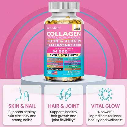 Collagen Capsules with Types I,II,III,V,X + Biotin Keratin Vitamins, Anti‑Aging, Skin Whitening, Hair, Nail Care & Joint Support