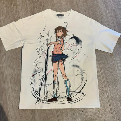 T-shirt men's street clothing Japanese cartoon pattern T-shirt neutral casual white cotton Women T-shirt top