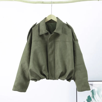 Vintage Suede Green Bomber Jacket Women Loose Lapel Full Sleeve Zipper Commute Coat 2025 Autumn Lady High Street All-match Coats