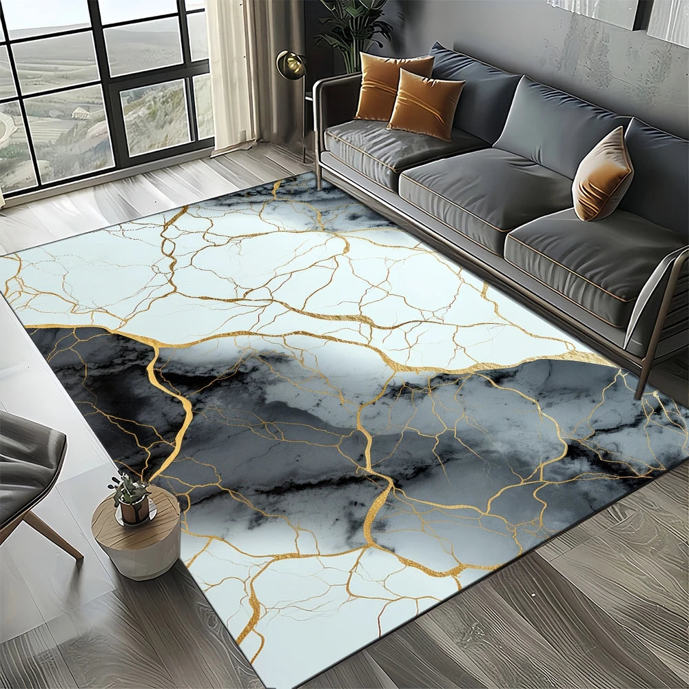 Marble Stone Carpet Rug - Modern Black White Gold Polyester Velvet Area Rug for Living Room