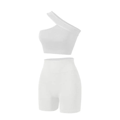 2Pcs Reusable Seamless Women Workout Sets High Waist One Shoulder Active Wear Ribbed Tank Tops Yoga Outfits Fitness