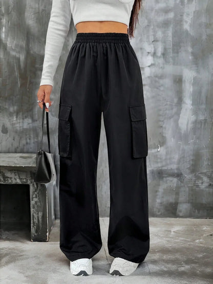 Elegant Solid High Waist Ripped Pant Fashion Women Pocket Elastic Straight Cargo Pants Casual Streetwear Sweatpant Y2K Trousers