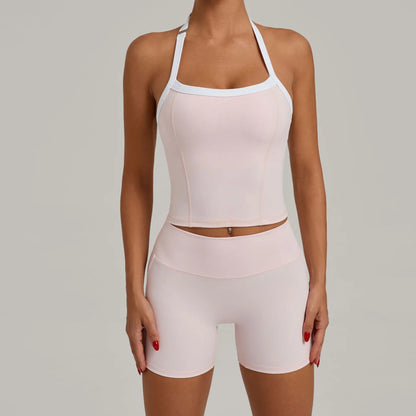 Fashion Patchwork Skinny Shorts Set Gym Women Workout Clothing Summer Sleeveless Backless Fitness Sport Suit Women Sportwear Red