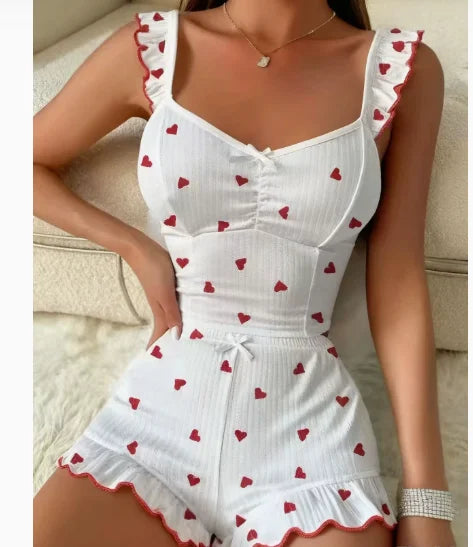 Women's Strawberry Print Ribbed Pajama Set - Ruffle Trim Cami Top & Shorts 2 Piece Sleepwear Loungewear
