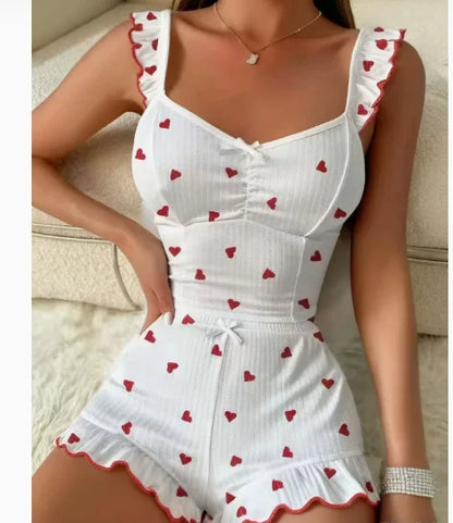 Women's Strawberry Print Ribbed Pajama Set - Ruffle Trim Cami Top & Shorts 2 Piece Sleepwear Loungewear
