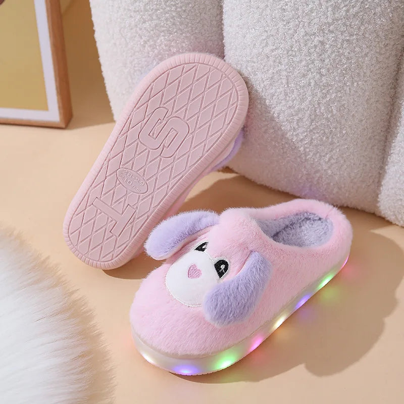 Kids Winter Slippers - Cartoon LED House Shoes With Thick Sole & Anti Slip