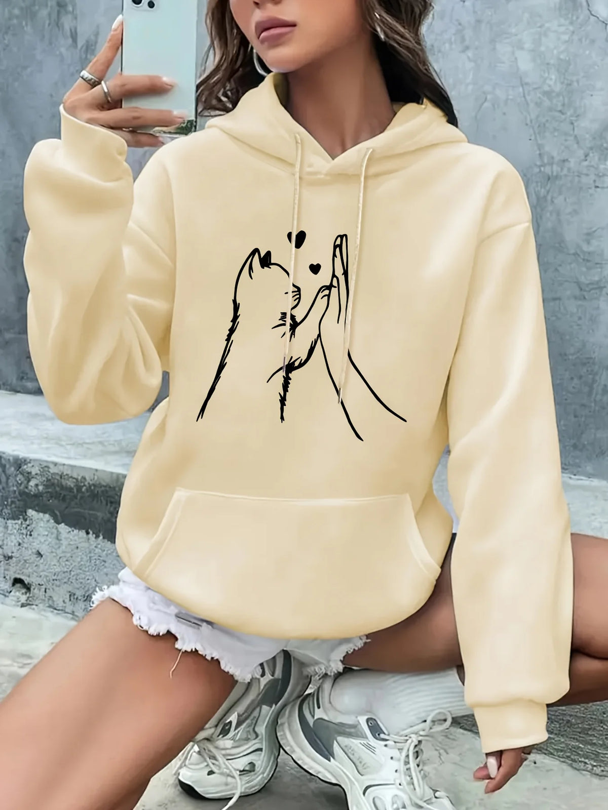 2025 Autumn Winter Hoodie Women's Casual Hooded Sweatshirt with Cute High-Fiving Cats  Hearts Graphic Print Warm Hoody