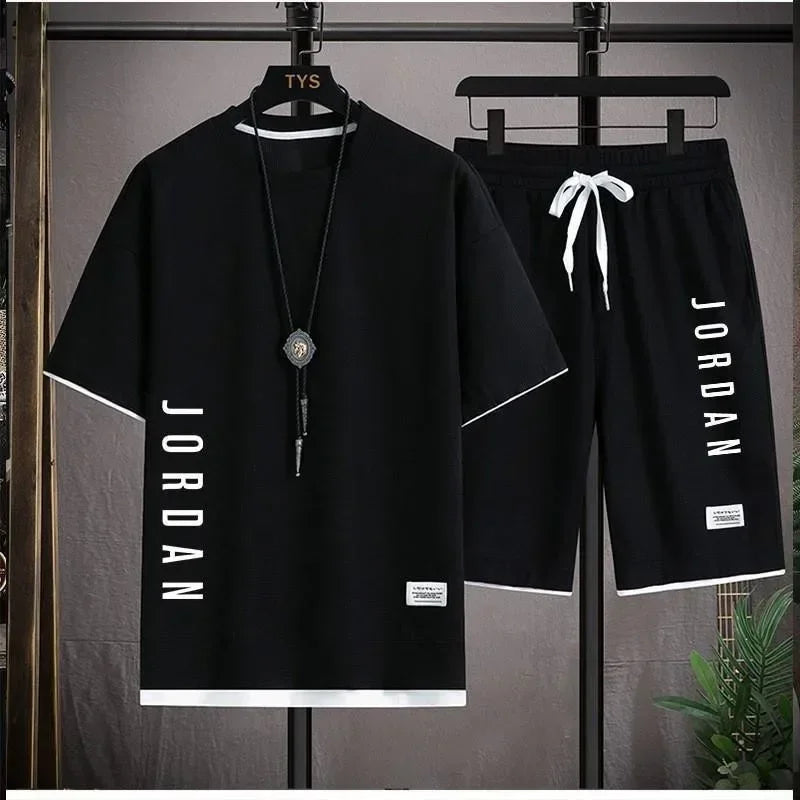 Stylish casual T-shirt + Shorts set Men's sports set Loose comfortable low Run 2025 men's summer Waffle suit