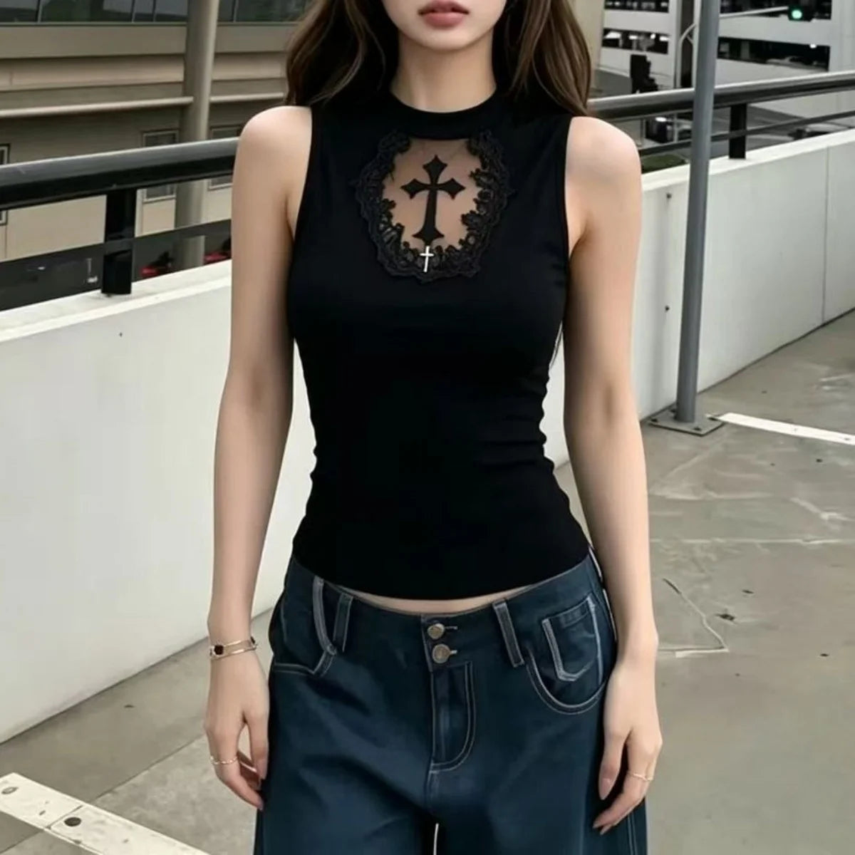 Turtleneck Top Y2k Clothes Black Gothic Cross Hollow Slimming Bottom TShirt Women Long Sleeve Sexy T-shirt Girls Tops Subculture