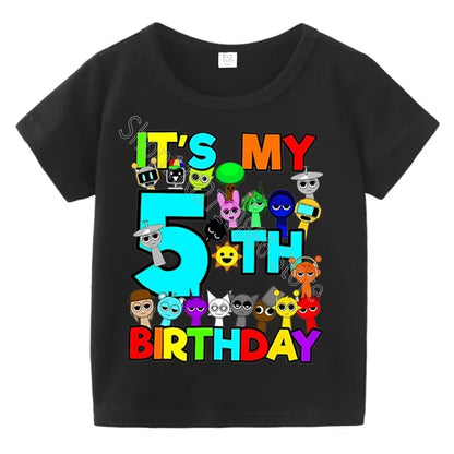 Kids Birthday Cute Cartoon Characters Graphic T-Shirt, Soft Cotton Crew Neck Tee, Casual Party Wear for Boys & Girlsdf0019