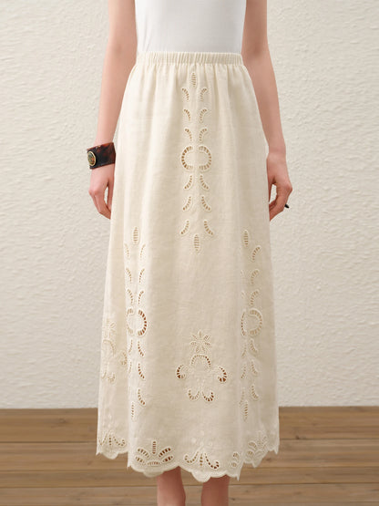 FSLE【Premium Series】Summer Women Linen Two Piece Set Cut-Out Embroidered Sleeveless Top Midi Skirt Boho Beach Vacation Style