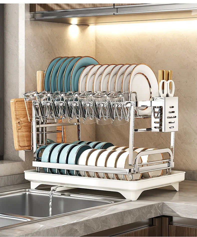 Dish Drying Rack - 2 Tier Stainless Steel Over Sink Shelf with Utensil Holder