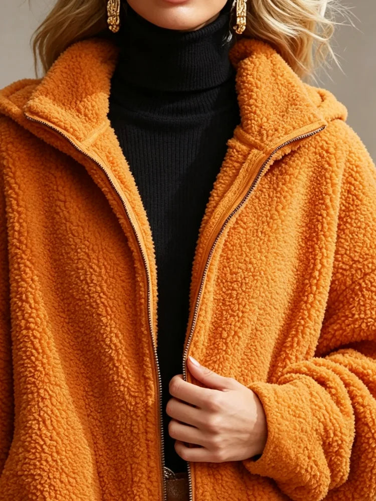 Women Loose Teddy Fleece Coat Hooded Zip Up Solid Orange Warm Sherpa Outerwear Fall Winter Daily Street Casual Jacket