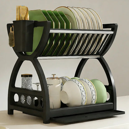 2-Tier Dish Drying Rack Kitchen Countertop Drainer Shelf Large Capacity Bowl Plate Organizer Space Saver with Utensil Holder