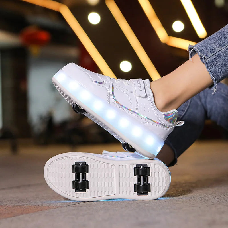 Roller Skate Shoes - Kids LED Light Sneakers With Hook & Loop Closure