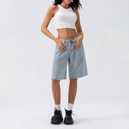 New Fashion Womens Knee Length Denim Shorts Loose Solid Color Low Rise Wide Leg Long Shorts With Pockets For Summer S-2XL