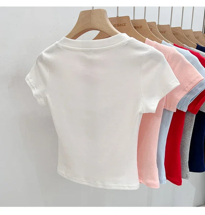 Summer Sexy V-neck Slim T Shirt Women Cotton Basic Solid Crop Tops Female Casual Tops Short Sleeve T-shirts 2026