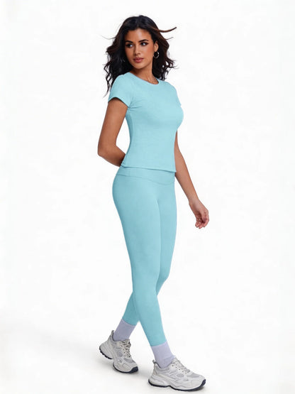 Women's 2 Piece Workout Set, Ultra-Soft Short Sleeve T-Shirt & High Waist Leggings, Seamless Butt Lifting Yoga Outfit for Gym, R