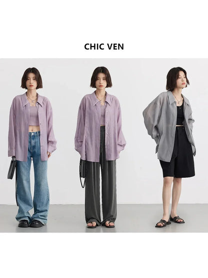 CHIC VEN Women Thin Shirt Long Sleeve Casual Loose Slightly Transparent Cool Blouses Woman Solid Design Female Top Summer 2026
