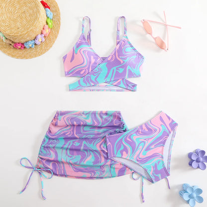 3pcs Swimming Suit for Girls Summer Beach Dress Swimsuit Tie-dye Printed Skirted Bikini Set Kids Bathing Suit